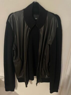 Vince Black Leather and Knit Bomber Jacket